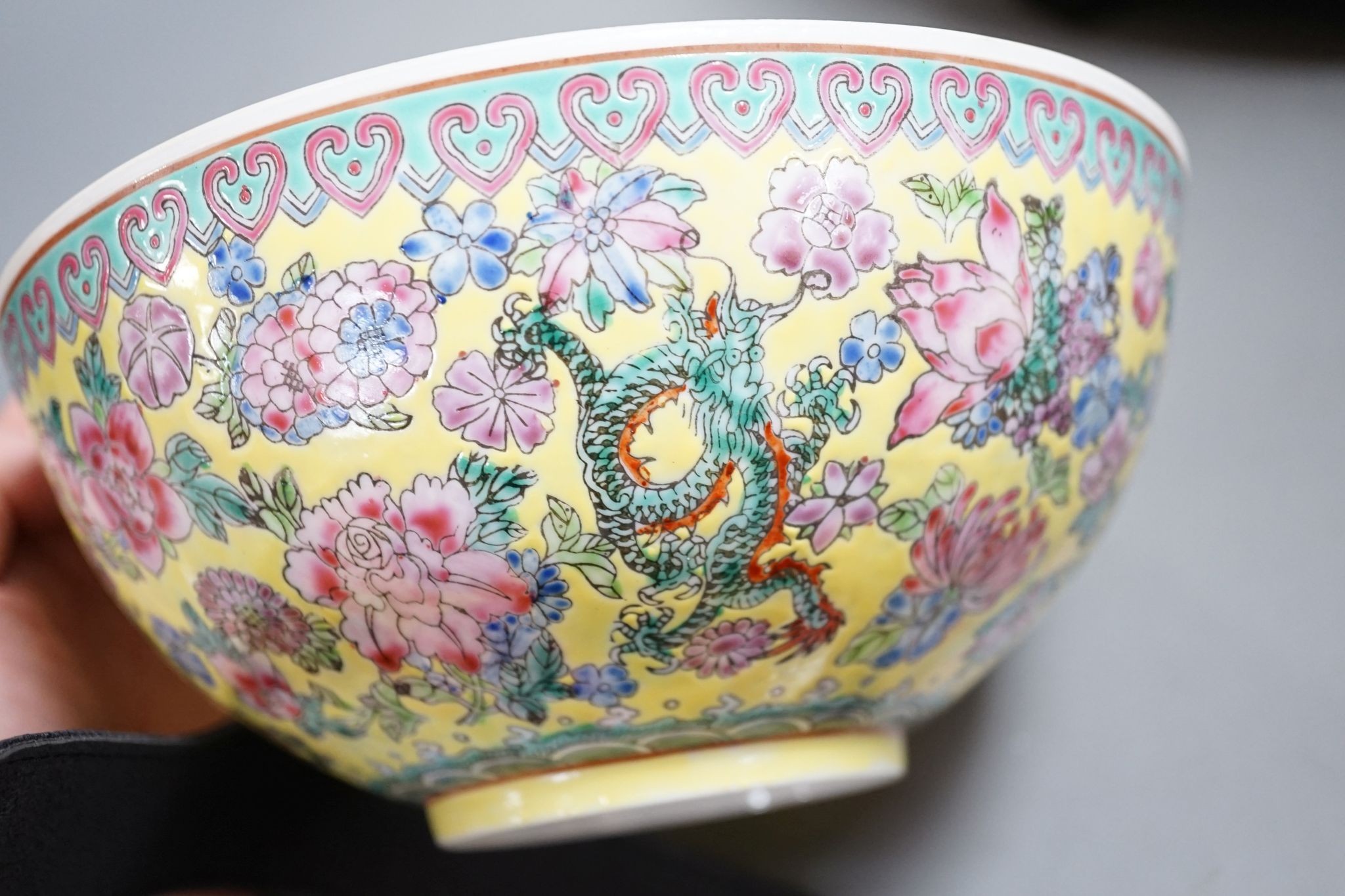 A Chinese cloisonne enamel box and cover, wood stand and a boxed eggshell porcelain bowl